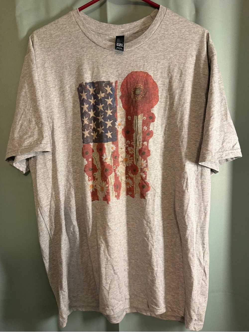 District Heather Gray Tee with Red Floral Flag Graphic